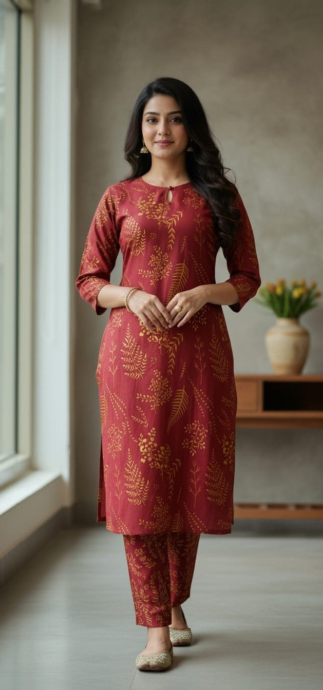 Petal Design Summer Linen Suit – Trendy & Lightweight (Mehroon)