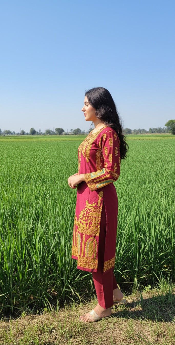 Classy Summer Arabic Lenan 2-Piece Suit (Mehroon) (67)